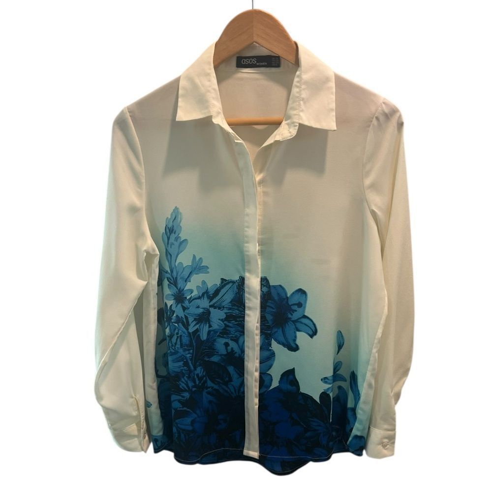 ASOS Women’s White & Blue Floral Ombre Button-Down Blouse – Size US 6 (UK 10)